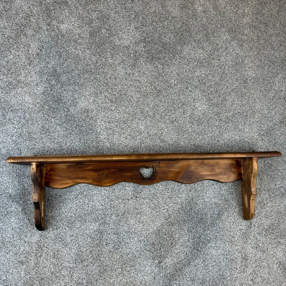 Vintage Cottagecore Farmhouse Rustic Pine Wood Wall Shelf Scalloped Heart Cutout